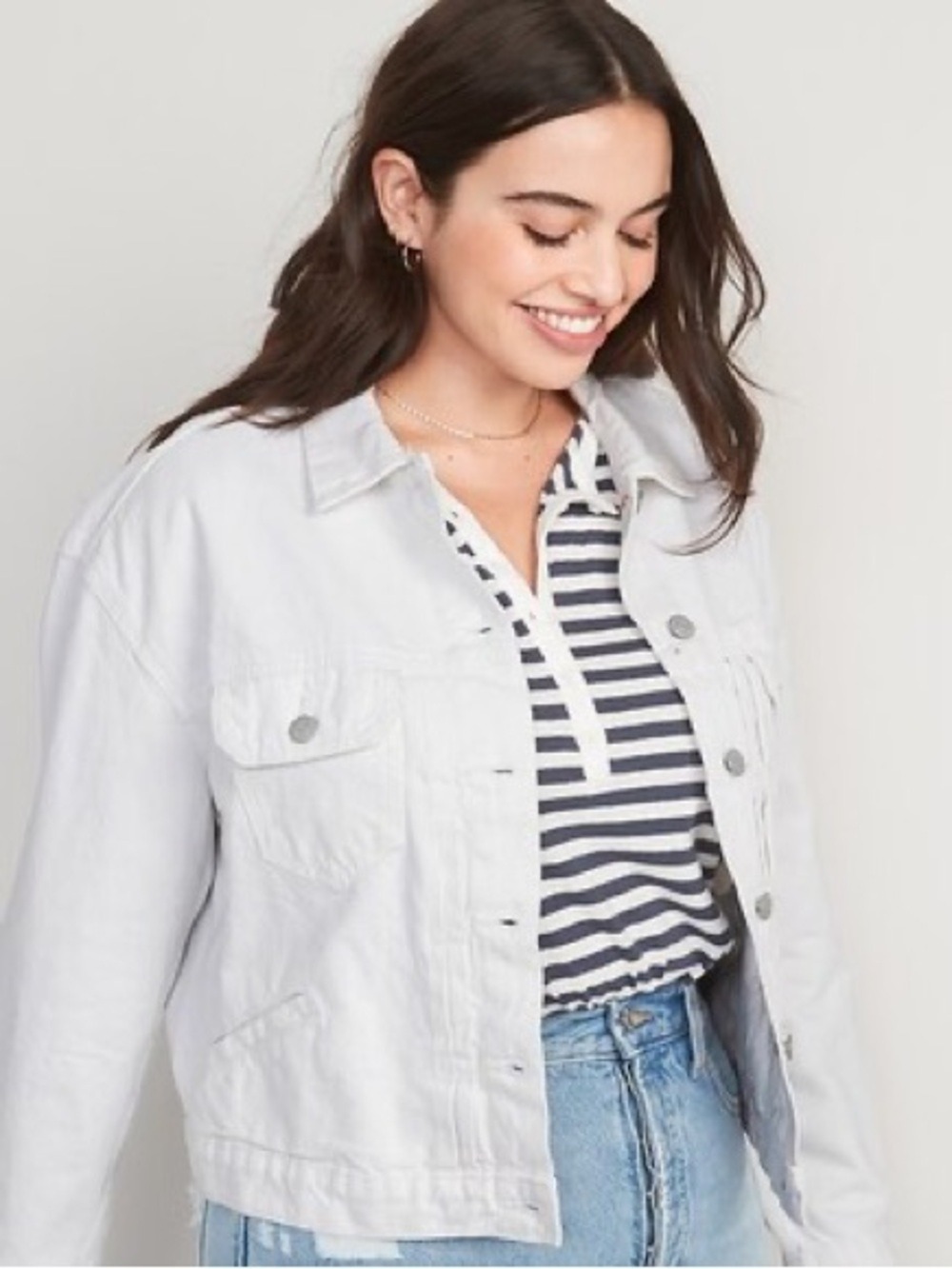 Old Navy White Cropped 100% Cotton Pleated Jean Denim Jacket, size XXL